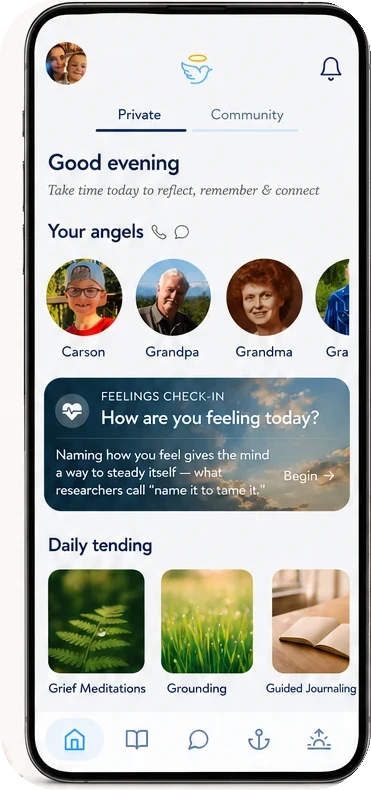 The Hello Angel home screen: a gentle greeting, your angels, a feelings check-in, and daily tending tools.